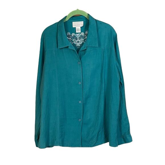 Susan Graver Linen Rayon Long Sleeve Shirt Embroidered & Beaded Teal Green XL - Picture 6 of 10